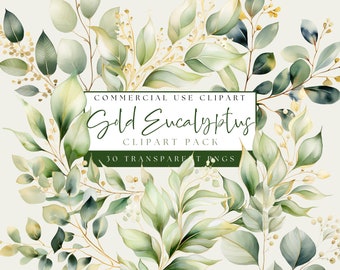 Eucalyptus Clipart. Watercolor Greenery Clip Art. Gold Foliage Images. Wedding Botanical. Commercial Use. Instant Download. Transparent PNGs