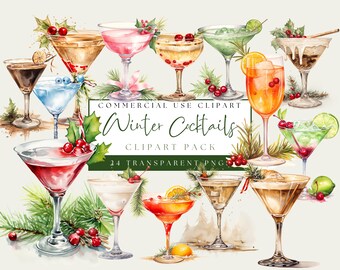 May include: Watercolor illustration of various winter cocktails in martini glasses, garnished with berries, citrus, and greenery. The image includes the text "Winter Cocktails Clipart Pack".