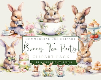 Pasen thee clipart. Leuk lentekonijntje met theebundel. Pasen Tea Time Graphics. Tea Party-png's. Direct downloaden. Commercieel gebruik.