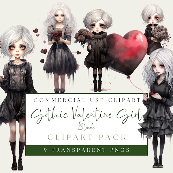 Gothic Puppe Clipart. Blondes Valentine Gothic Girl Bundle. Gruselige Valentine PNG. Voodoo Love Grafik. Sofortiger digitaler Download. Kommerzielle Nutzung.