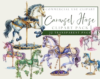 Carousel Horse Clipart. Watercolor Bundle. Sublimation Unicorn Illustration. Pony Graphics. Commercial use. Transparent PNG Digital Download