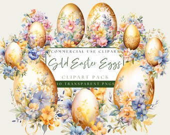 Golden Easter Egg Clipart. Watercolor Gold and Floral Eggs. Transparent PNGs. Commercial Use. Elegant Spring Clip Art. Instant Download.