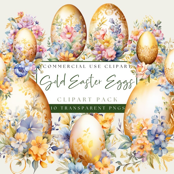 Golden Easter Egg Clipart. Watercolor Gold and Floral Eggs. Transparent PNGs. Commercial Use. Elegant Spring Clip Art. Instant Download.