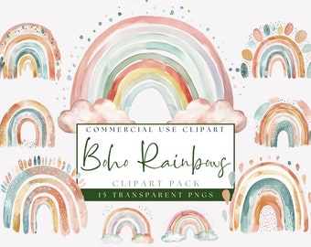 Neutrale Boho Regenbogen Clipart. Pastell Clip Art Pack. Aquarell niedliche Regenbögen. Babyparty Grafiken. Kommerzielle Nutzung. Transparente PNG Dateien