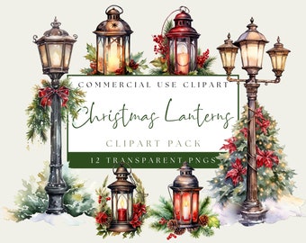 Christmas Lantern Clip Art. Watercolor Winter PNG.  Xmas Lamp Post Image. Holiday Design. Commercial Use. Instant Download. Transparent Back