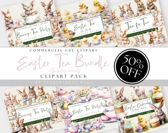 Pasen Tea Party-clipart. Aquarel png's. Schattige lente babydieren afbeeldingen. Cupcakes konijn lamskuiken. Commercieel gebruik. Direct downloaden.