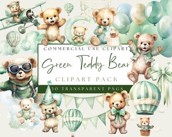 May include: Watercolor clipart pack featuring various teddy bears in green and tan tones. The bears are depicted in different poses, some with accessories like aviator goggles, balloons, and a hot air balloon. Text reads "Green Teddy Bear Clipart Pack".
