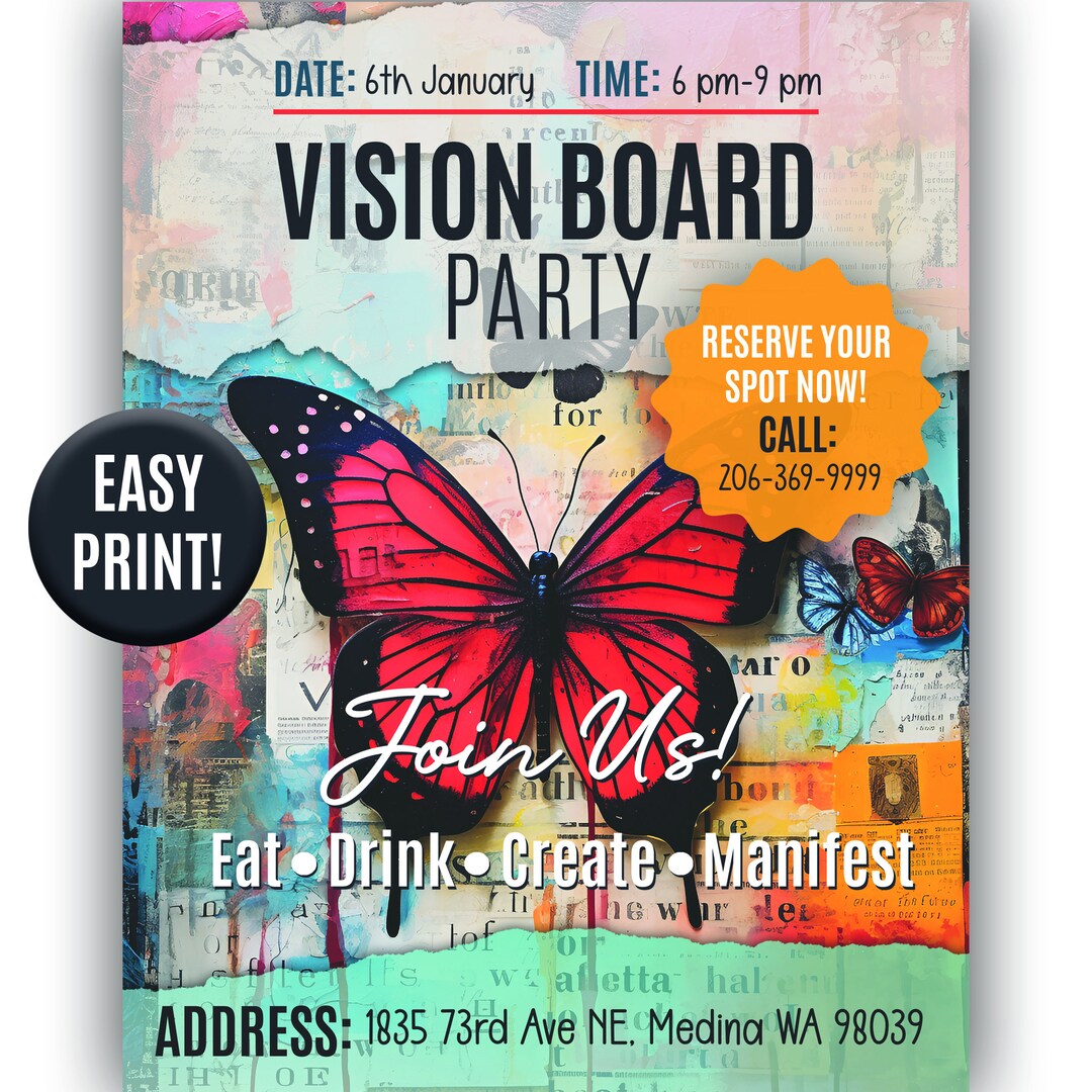 Vision Board Party Flyer, Mood Board Invite, Vision Board Party ...