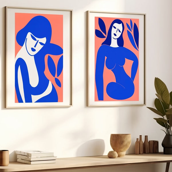 Set of 2 Modern Blue Orange Art Prints, Poster Art, Jean Arp, Blasingame Inspired, Bold Graphic Shapes, Digital Download, Mid Century Modern