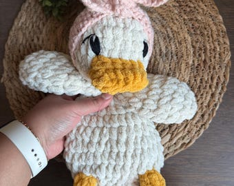 Handmade Crochet Duck Snuggler | Farm Animal Lovey with Headband