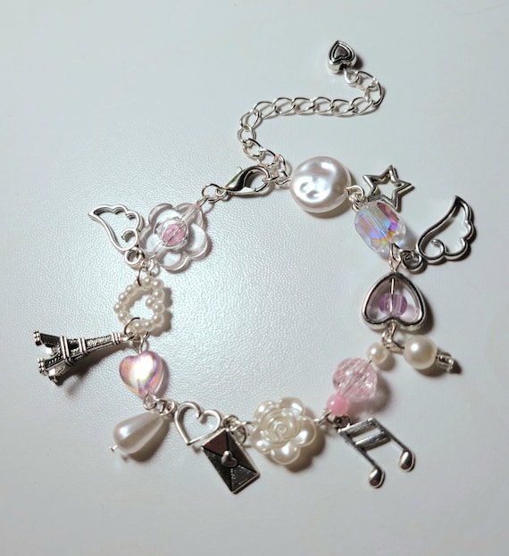 paris rose charm bracelet handmade, valentine's day, coquette,  balletcore, aesthetic, delicate, dainty, pink, french, cute, feminine, soft