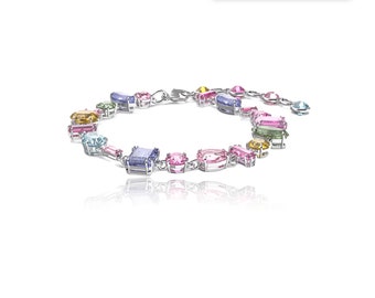 Rhinestone Colorful Bracelet, Gemstone Bracelet, Multi-Stone, Diamond Cluster Bracelet, Cascade Bracelet Rhodium Plated Colour Gift For Her