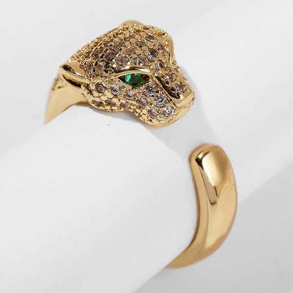 Gold Panther Jaguar Diamond Ring, Panther Ring For Women, Micro Pave Set Emerald Ring Diamond Leopard Ring Puma Gold Ring Gifts For Her