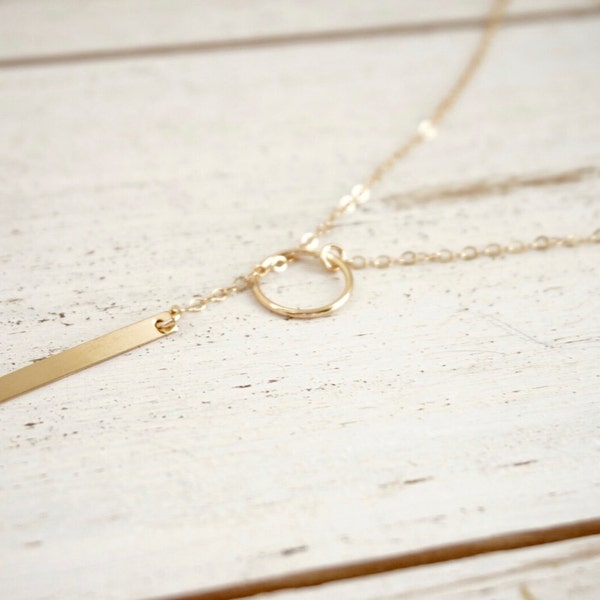 Circle Lariat Bar Pendant Silver And Gold Plated Y Necklace In Minimalist Circle Pull thru Necklace Dainty Necklace Gifts For Her New Style