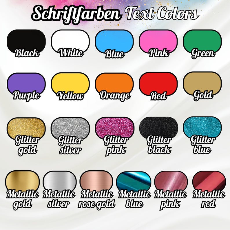 May include: A chart displaying various text colours, including black, white, blue, pink, green, purple, yellow, orange, red, gold, glitter gold, glitter silver, glitter pink, glitter black, glitter blue, metallic gold, metallic silver, metallic rose gold, metallic blue, metallic pink, and metallic red.