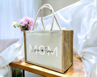 Bolsa de juta personalizada com a palavra "MÃE", bolsa de juta com o nome da criança, bolsa de praia para a mãe, bolsa de juta para a mãe, presentes de aniversário, Dia das Mães