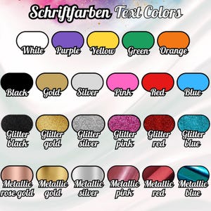 K&ouml;nnte beinhalten: Eine Farbkarte mit Textfarben. Sie zeigt Vollfarben wie Wei&szlig;, Schwarz, Gold, Silber, Pink, Rot und Blau sowie Glitzer- und Metallic-Optionen. Der Text "Schriftfarben Text Colors" befindet sich oben.