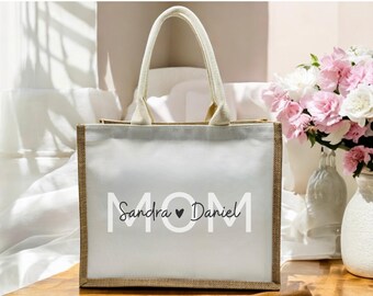 Bolsa de juta personalizada para mães, bolsa de praia com zíper, bolsa de juta com os nomes dos filhos, presentes para aniversários, Dia das Mães.