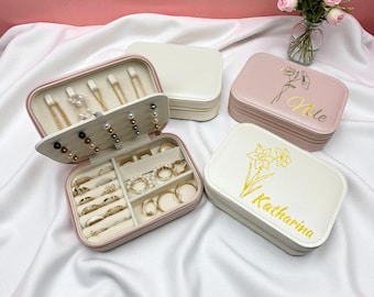 Personalized jewelry box with birth flower and name, jewelry box with birth month flower, travel jewelry box, birthday gifts
