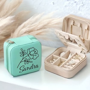 Personalized jewelry box with name, jewelry box PU leather, customizable jewelry case mirror, gifts for birthdays, JGA, travel