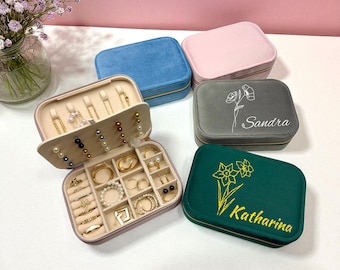 Personalized jewelry box with birth flower and name, velvet jewelry box, gifts for birthdays, bachelorette parties, Christmas gifts