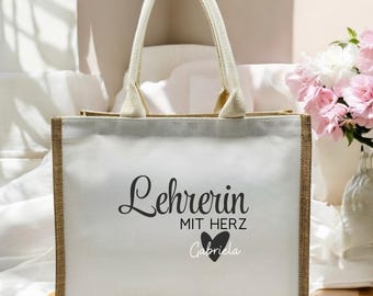 Teacher with Heart Jute Bag: Personalized bag with name, gifts for teachers, Christmas gift