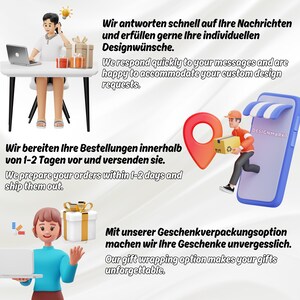 May include: Illustration of a cartoon character working on a laptop with a gift box next to them. The text says "We prepare your orders within 1-2 days and ship them out."