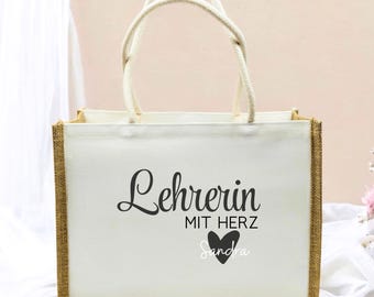 Teacher with Heart Jute Bag: Personalized bag with name, gifts for teachers, Christmas gift
