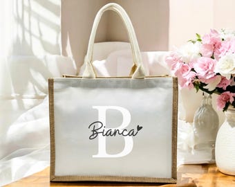 Personalized jute bag with name and initial, jute bag with zipper, beach bag with letter design, gifts for birthdays and Christmas