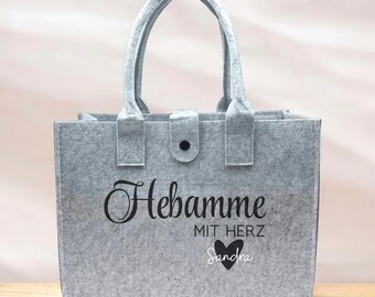 Midwife with Heart Felt Bag Grey – Personalizable with Name, Gifts for Midwives, Everyday Bag, Birthday Gift, Christmas Gift