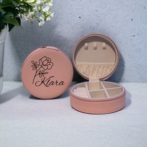 Personalized jewelry box with name, round jewelry box, travel jewelry box PU leather, jewelry case travel, gifts for birthdays, JGA