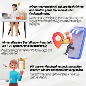 K&ouml;nnte beinhalten: Illustration mit Text auf Englisch und Deutsch, die eine Person an einem Schreibtisch mit einem Laptop, einen Zusteller und eine Person mit einem Laptop zeigt. Der Text beschreibt kundenspezifische Designanfragen, die Auftragsbearbeitung und Geschenkverpackung.