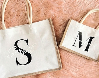 Personalisierte Jutetasche mit Name und Initial, Jutebeutel Buchstabe, Tasche, Strandtasche, Geschenke Geburtstag, JGA, Weihnachtsgeschenk