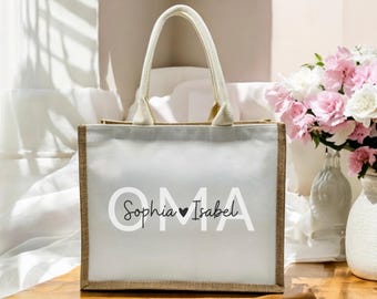 Personalized jute bag for grandma, jute bag with zipper, jute bag with grandchild's name, beach bag for grandmother, birthday gifts