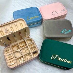 Portagioie in velluto personalizzato, portagioie con nome, portagioie da viaggio, idee regalo per donne, regali per compleanni, addii al nubilato
