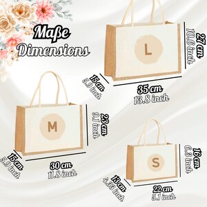 May include: Three jute tote bags in different sizes, labelled S, M, and L. The bags are beige with brown trim and have a white interior. The bags are 16 inches, 23 inches, and 27 inches tall, respectively.