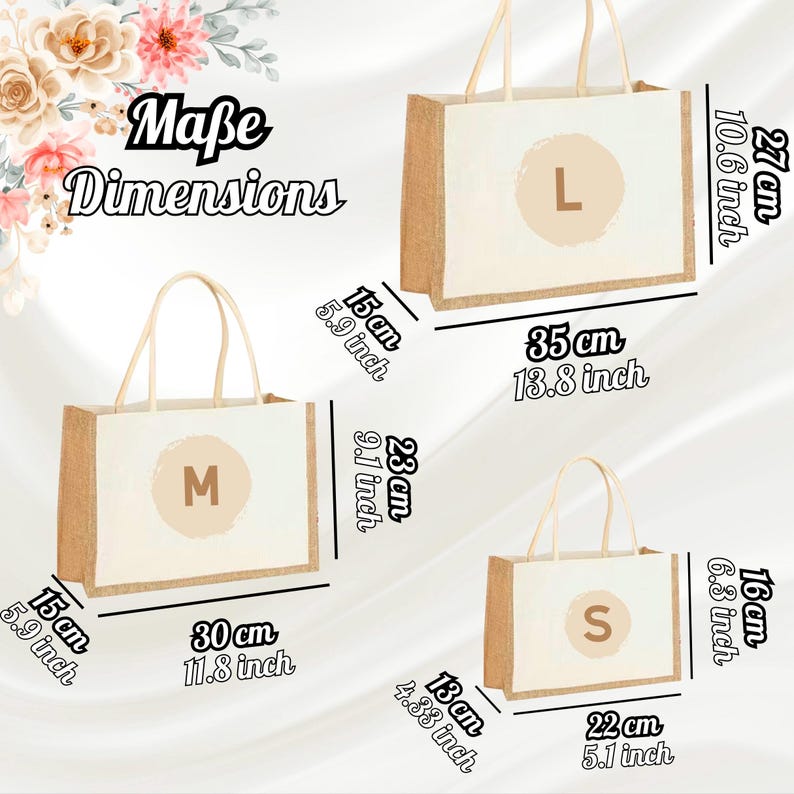 May include: Three jute tote bags in different sizes, labelled S, M, and L. The bags are beige with brown trim and have a white interior. The bags are 16 inches, 23 inches, and 27 inches tall, respectively.