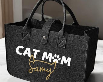 CAT MOM Personalized Felt Bag, Felt Bag with Cat's Name, Cat Mom Beach Bag Travel Bag, Gifts for Birthdays, Cat Lovers