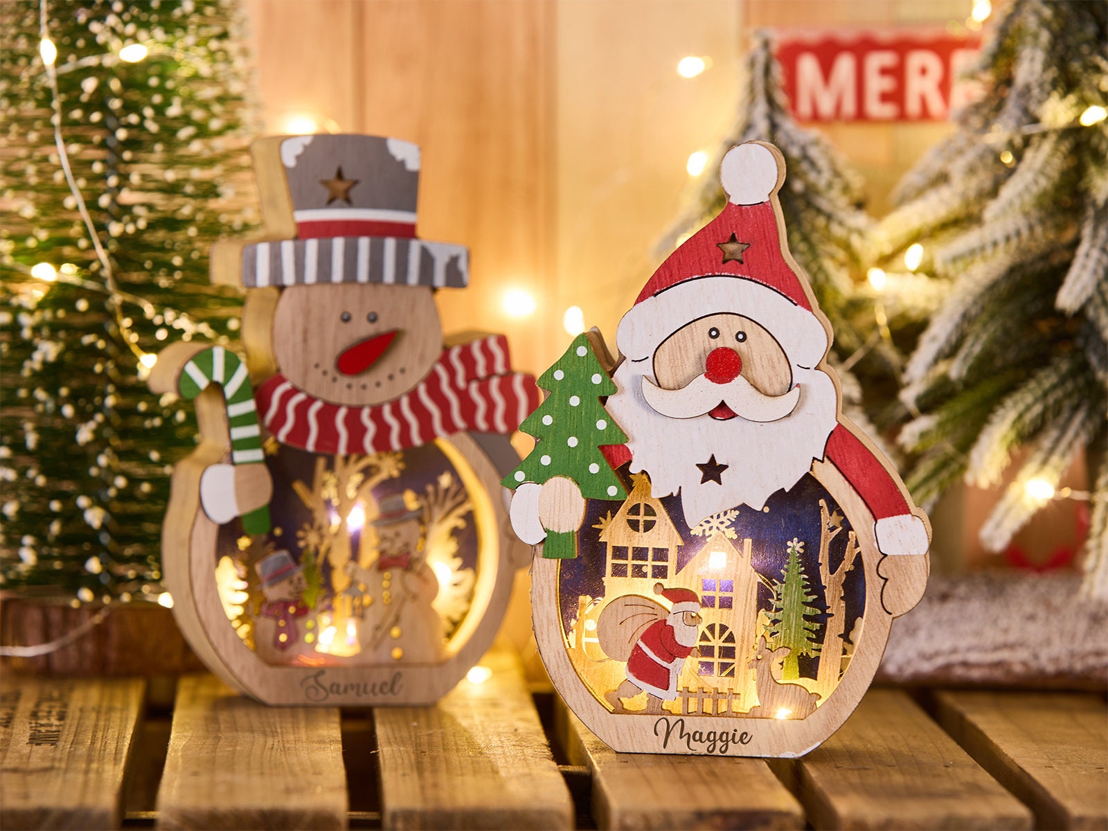 Wood LED Christmas Ornaments Decoration With Light Santa Claus Etsy