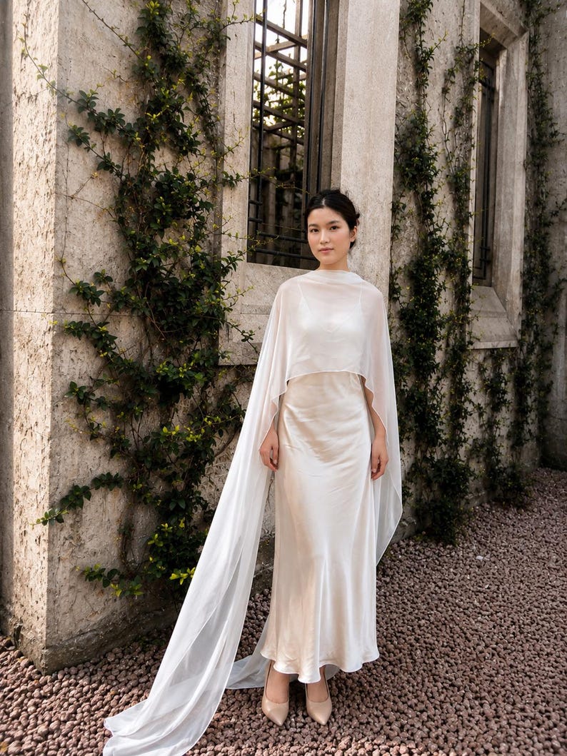 May include: A floor-length, cream-coloured satin slip dress featuring a scoop neckline and thin spaghetti straps, paired with a sheer, lightweight, floor-length cape that drapes over the shoulders and extends into a long train behind the garment.