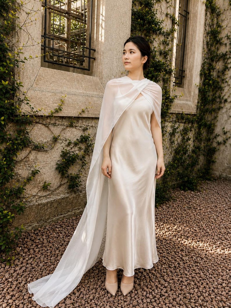 May include: A floor-length champagne-coloured satin slip dress with a V-neckline and thin straps, paired with a sheer white chiffon cape that drapes over the shoulders and crosses at the chest, extending to the floor in a long, flowing train.