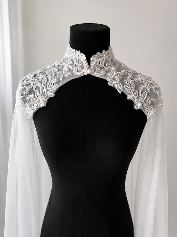 Handmade Beaded Lace Bridal Cape, Pearl Tulle Shoulder Wrap, Custom Made