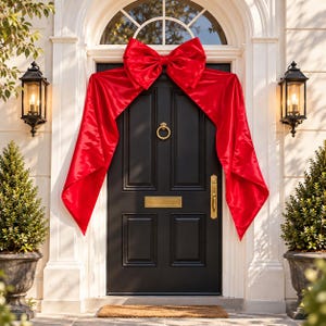 May include: A black front door featuring a large, bright red satin bow draped over the top and sides. The door includes a gold-coloured circular knocker, a rectangular mail slot, and a vertical handle, set within a white arched door frame.