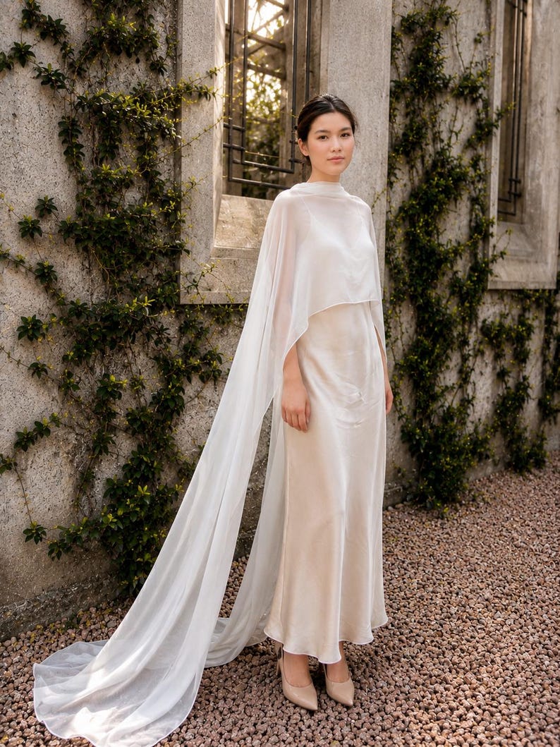 May include: A floor-length, cream-coloured satin slip dress featuring a high neckline and a matching sheer, lightweight chiffon cape that drapes over the shoulders and extends into a long, flowing train that pools on the ground.