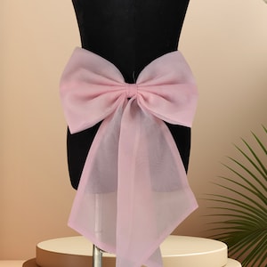 May include: A large pink sheer bow with a long tail. The bow is tied around a black mannequin.