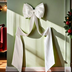 May include: A large, white satin bow with long, flowing streamers is mounted on a light green wall. The bow is the focal point, casting a shadow. A small Christmas tree with red and gold baubles is visible on the right.