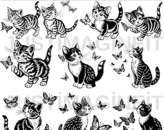 May include: Ten black and white cat designs with butterflies. The cats are depicted in different poses, some interacting with the butterflies. The text at the top reads "HIGH-QUALITY 10 BUTTERFLY CAT DESIGNS SVG | PNG | JPEG | TRANSPARENT BACKGROUND".