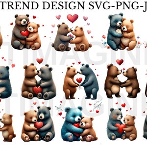 Clipart di orsacchiotto di San Valentino ad acquerello, Clipart di San Valentino con rose rosse e cuori, Orsetti dell'amore in formato SVG e PNG, Uso commerciale