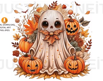 Retro Floral Ghost Clipart, Vintage Halloween PNG, Sublimation Design (Digital Download)