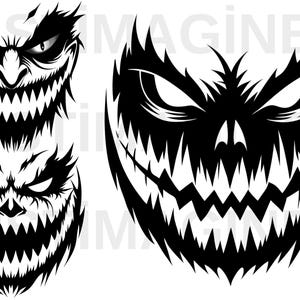 Puede incluir: Tres ilustraciones en blanco y negro de caras aterradoras y sonrientes con dientes afilados. Las caras están estilizadas y se asemejan a calabazas de Halloween.